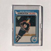Front of Wayne Gretzky Edmonton Oilers hockey card reprint featuring player image and team info.