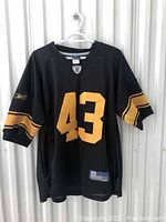 Front view of black Troy Polamalu Pittsburgh Steelers jersey with gold number 43 and logos.