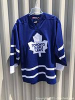 Front view of blue Toronto Maple Leafs hockey jersey with white maple leaf and stripes.