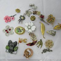 Top view of 20 assorted vintage costume jewelry brooches on white background, showing floral, animal, and decorative designs in various metals and colors.