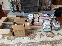 Full view of stacks and boxes of various hardcover and paperback books arranged on a rug in front of a fireplace.