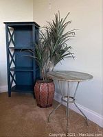 Full view of the lot showing the blue wooden bookcase with X-shaped sides, the artificial potted plant with tall leaves, and the oval metal side table with glass top.