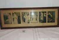 Framed antique print showing six sequential wedding day vignettes in muted vintage tones, enclosed in a wood frame with visible wear.