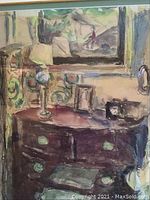Close-up photo of the painting showing the dresser, night lamp and painting with some details of brush and pastel strokes