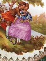 Porcelain plate showing a romantic couple in vintage Fragonard style with signature