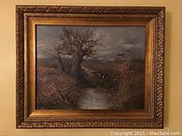 Full view of the framed oil painting showing landscape scene with tree, marsh and ducks