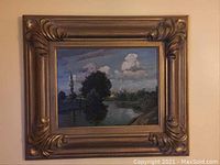 Overall view of framed oil painting on board showing entire scene and ornate gilt frame