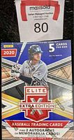 Front view of one sealed 2020 Panini Elite Extra Edition Baseball Trading Card box featuring player Austin Martin and key branding details