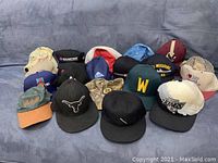Front view capturing the array of 20 assorted men's hats in multiple colors and logos.