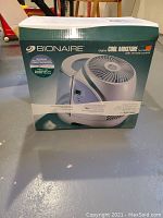 Box for Bionaire Cool Moisture Humidifier Model BCM 7305 RC with remote control showing product image and branding.