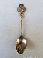 Full length of antique sterling silver spoon showing clover handle and polished bowl.