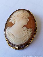 Front view of antique cameo brooch pin showing finely carved female profile in white with floral details on an amber background, gold frame visible