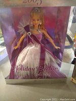 2005 Bob Mackie Holiday Barbie in original box showing purple and white gown with tiara