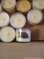Top down view of 8 mini glass candles with white wax in cardboard box, one with visible Fresh Balsam pinecone label