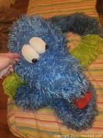 Photo of a blue and green plush snake toy showing the head with large eyes and red tongue.