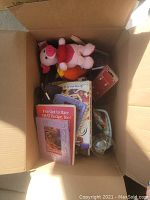 Box with cookbooks, plush toy, and other items inside