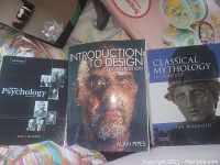 Three textbooks shown: Introduction to Psychology by John C. Benjamin, Introduction to Design Second Edition by Alan Pipes, Classical Mythology in Context by Lisa Maurizio, with varying cover artwork and texts.