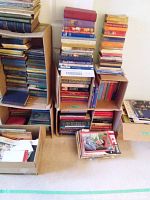 Three vertical stacks of hardcover and paperback books on floor and in shallow boxes