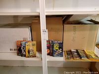 Three cardboard boxes labeled “Books – SciFi” on shelving with a selection of paperbacks displayed in front.