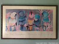 Full view of the framed colorful bird print by Leslie Burden titled 'Underwater Singers'.