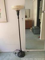 Full view of vintage floor lamp showing the tall dark metal stem and base, with the glass shade at the top