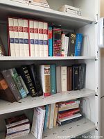 Top three shelves of books showing mostly hardcover encyclopedias, dictionaries, and various art and history books arranged upright
