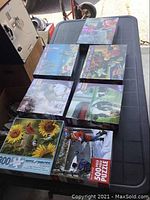 Seven assorted jigsaw puzzles laid out on a table showing puzzle box cover art with wildlife and farm scenes.