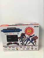 Retro-Bit Generations gaming system box front showing branding and characters from included games; highlights 90+ preloaded retro games with logos of Capcom, Data East and Jaleco.