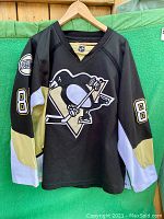 Front view of the black Sidney Crosby Pittsburgh Penguins hockey jersey with large team logo and number 87 on sleeves.