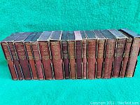Front view of the full set of leather bound books showing mostly spines in a row on a green surface.