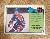 Front of the 1983 Wayne Gretzky hockey card showing player image, year, and scoring leader info.