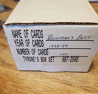 Photo of the card box labeling indicating the set is Bowman's Best 1998-99 with 100 cards, marked as Tyrone's Box set.