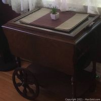 Tea wagon closed with placemats and small plant on top beside window with lace curtains.