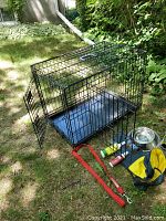 Open smaller wire dog crate with black plastic tray inside, red leash, two bottles of topical bitter spray, stainless steel dish and dog jacket visible beside it outdoors on grass.