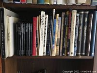 Full view of books on mid-level shelf, showing titles on painting history, famous artists, various art techniques, and art movements.