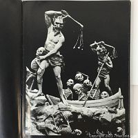 Black and white illustration of a muscular demon wielding a whip and holding skeletons in a boat among rocky terrain.