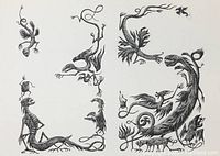 Image showing detailed black and white surreal creatures and figure drawings with elongated limbs and textured shading in Edward Gorey's style.