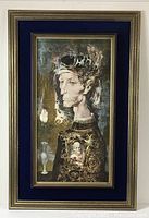 Full view of framed Don Quixote art print with gilt crackled frame and deep blue velvet matting.