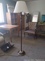 Full view of the vintage floor lamp in a room showing its height and shade.