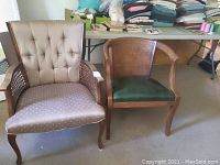 Two chairs side by side: left chair with tufted silk-like upholstery and cane sides, right chair with green leather-like seat and cane back.