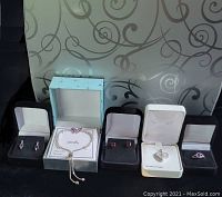 Full lot of six jewelry items including earrings, necklace, bracelet, and ring displayed in gift boxes against patterned background