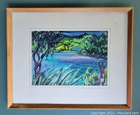 Frontal image of the framed watercolour painting showing the full artwork with its mat and wood-tone frame.