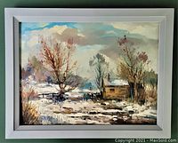 Full view of painting within light gray painted wood frame