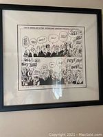 Front view of framed financial cartoon showing bidding crowd and sell/buy dialogue
