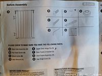 Instruction manual page showing parts included with labels for main gate assembly, screws, wood screws, Allen wrench, upper door hinge pin (missing), door frame U-bracket, door frame assembly, and cap hinge cover.