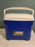 Front view of Igloo cooler with handle and label on the front.