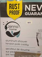 Close-up of brand logo and product name specifying aluminum shower tension pole caddy.