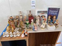 Photo showing an assortment of Hummel figurines, nativity figures, animal miniatures, and two Hummel guide books.