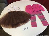 Full view of the sleeveless tutu dress next to pink sweater and leggings on a white surface