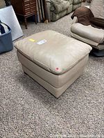 Full view of beige leather ottoman showing the item on a carpeted floor with furniture in background.